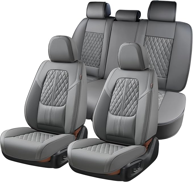 Coverado Car Seat Covers Full Set, Automotive Front and Rear Seat Covers with Backrest, Nappa Leather Car Seat Protectors Waterproof, Universal for Most Vehicles,Gray by COVERADOAUTO