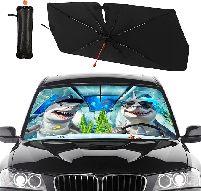 CHILL·TEK Funny Animal Car Windshield Sun Shade Umbrella, Funny Shark Car Sun Shade Umbrella, Block UV Rays Heat Foldable Windshield Umbrella Sun Visor Protector - Keep Vehicle Cool for Cars SUV by CHILL%C2%B7TEK
