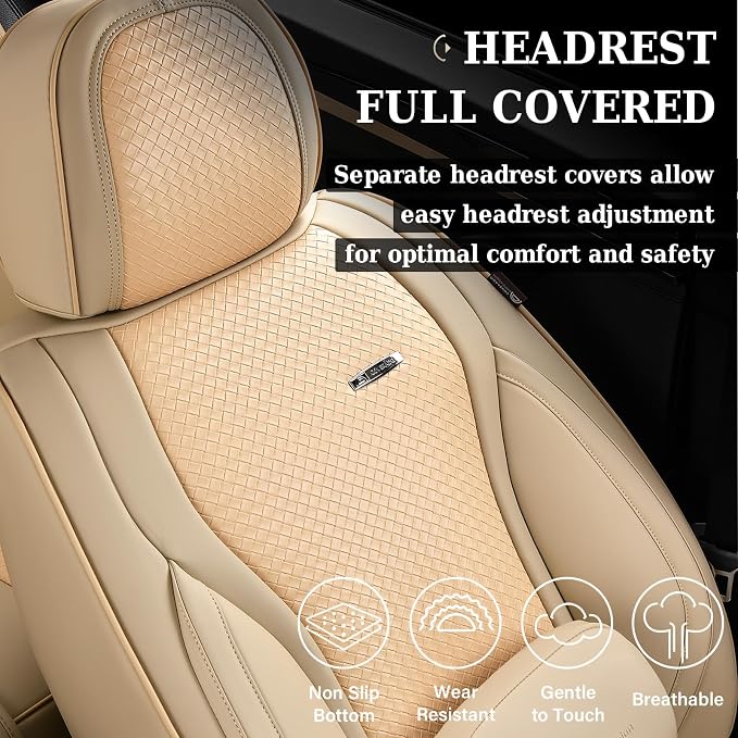 Coverado Car Seat Covers Full Set, Beige Seat Covers for Cars, Waterproof Nappa Leather Automotive Seat Covers with Lumbar Head Pillow, Car Seat Protectors, Universal Fit for Most Cars SUV - Image 5