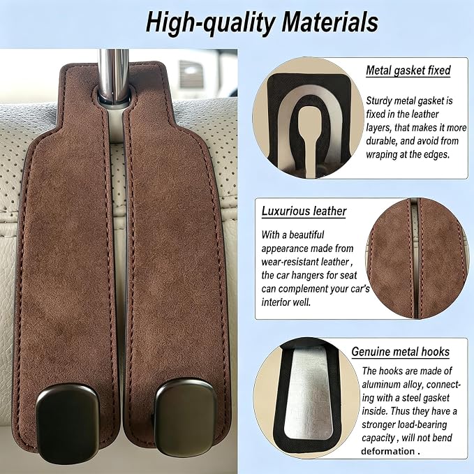 GoldenLife Headrest Hooks for Car, 2 Pack Premium Car Bag Hooks | Secure Heavy-Duty, Elegant & Universal Fit Car Hooks for Purses Handbags Grocery & Backpacks (Brown) - Image 3