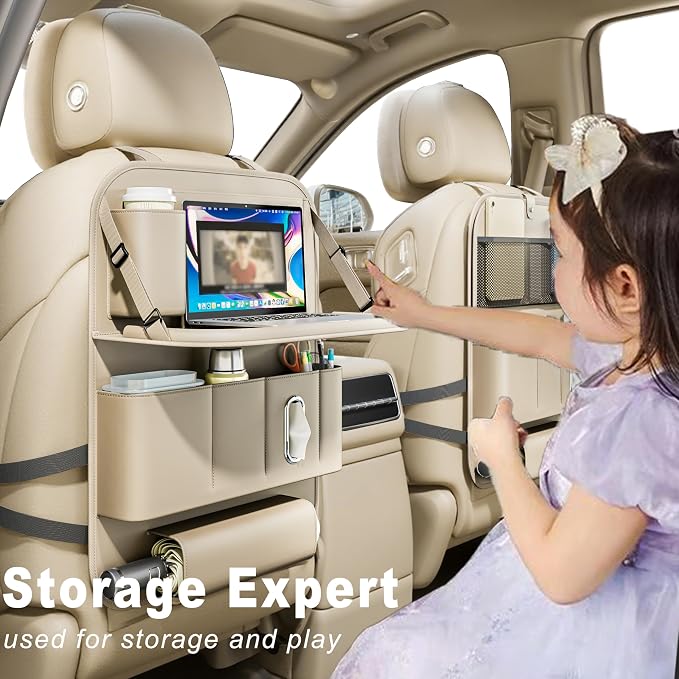 Backseat Car Organizer with Tray 1 Pack,Car Backseat Organizer with Foldable Table for Kids,Multifunctional Seat Back Organizer with Storage Pockets Car Storage Organizer (Beige) - Image 3