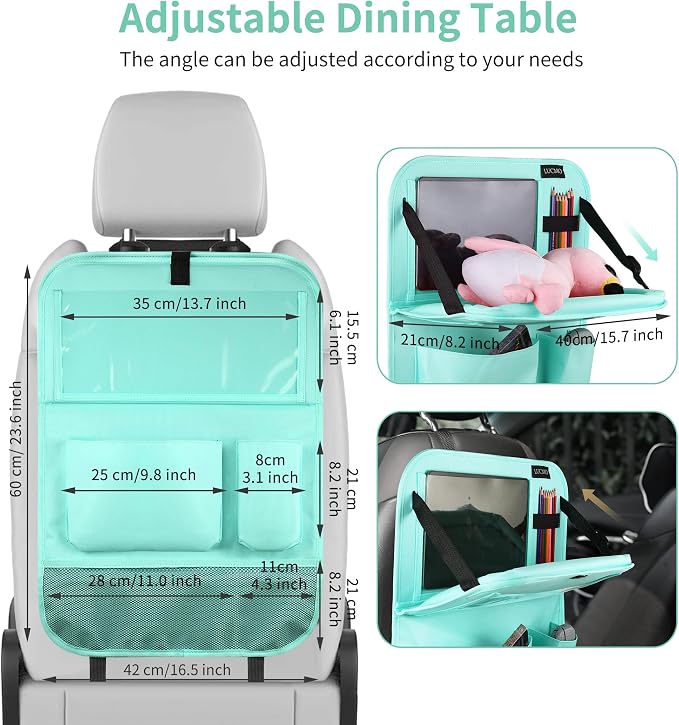 LUCMO Car Backseat Organizer with Foldable Tablet Holder, Light Blue | 2 Pcs,6 Storage Pockets,Foldable Food Tray,Protectors Kick Mats,Travel Accessories,Seat Cover,Road Trip Essentials - Image 3