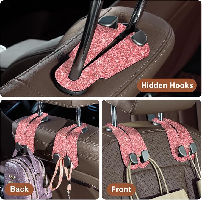 CoBak Purse Hook for Car - Universal Premium Stitched Leather and Aluminum-Magnesium Alloy Double Car Seat Back Storage Hook for Purses, Handbags, Bags (2 Pack),Fuchsia Glitter - Image 4