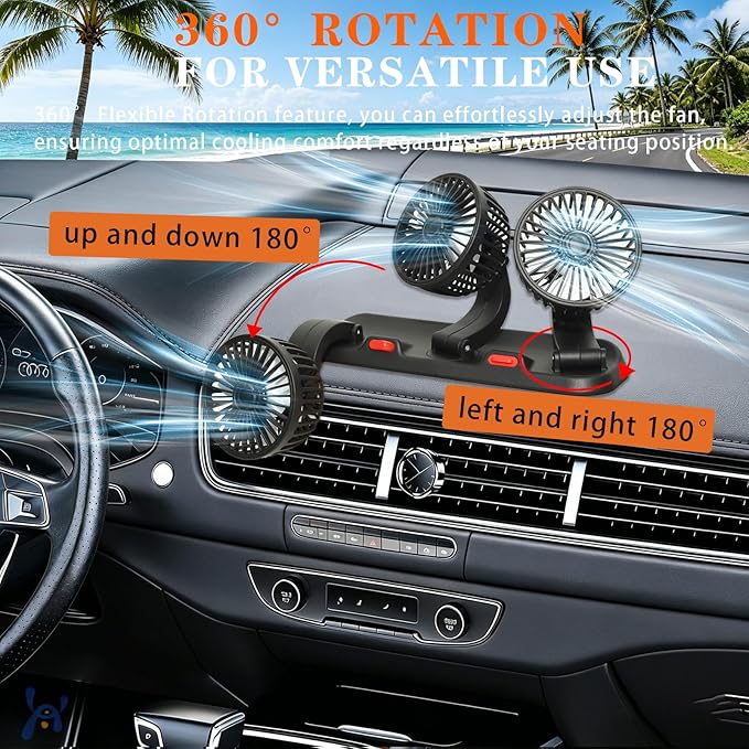 Portable 3-Head Car Cooling Fan-360°Rotation,2 Speeds, Dashboard Fans for SUV/RV/Truck/Sedan/Office,USB Powered (3-Head 5V) - Image 3