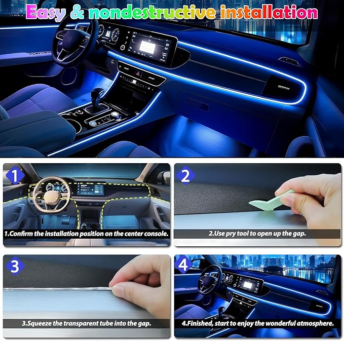 6 in 1 Car Led Strip Lights with App Control, RGB Colors Interior Car Lights, Ambient Led Lighting Kit, 4 Light Flashing Modes, USB Neon Accessories for Doors, Center Console - Image 7