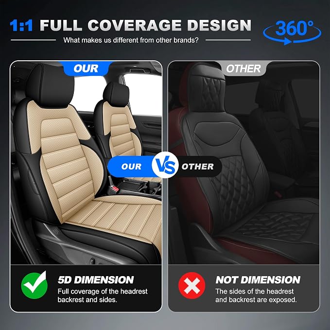 Custom Fit Seat Covers for Honda CRV 2017-2022 Front Rear Set-Black&Beige | Faux Leather,Full Coverage,5-Piece Set, Includes Neck Pillows, Armrest Cover, Seat Belt & steering Wheel Cover - Image 4