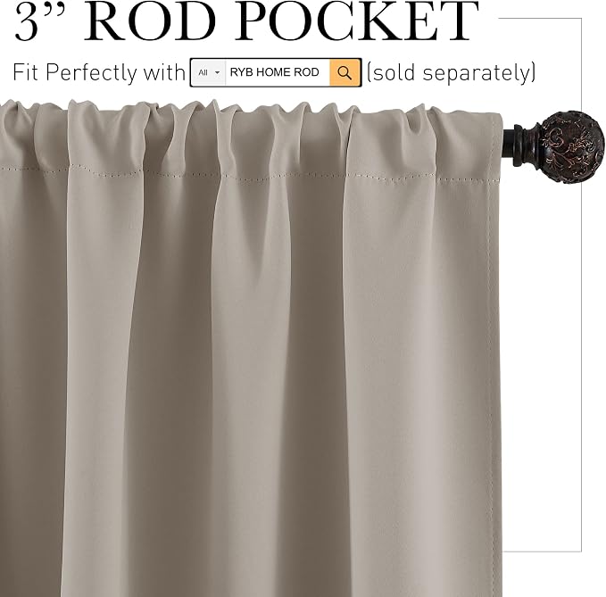 RYB HOME Basement Bathroom Kitchen Cafe Blackout Privacy Window Curtains | Thermal Insulated, Light UV Heat Blocking, Privacy, Short Curtain Tiers for Laundry Room, W34 x L30, Sand, 2 Panels - Image 2