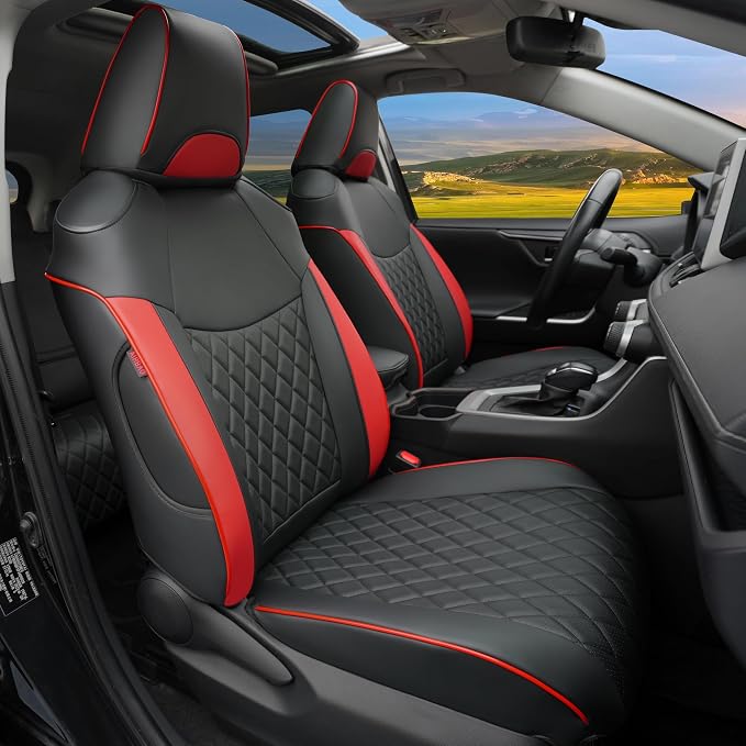 Lolcar Rav4 Seat Covers for Toyota RAV4 2019 2020 2021 2022 2023 2024 2025 LE,XLE,XLE Premium,Limited,Car Seat Cover for Trucks SUV,Leather Seat Cushion Full Set,Faux Leather (Black red Grid) by LOLCAR