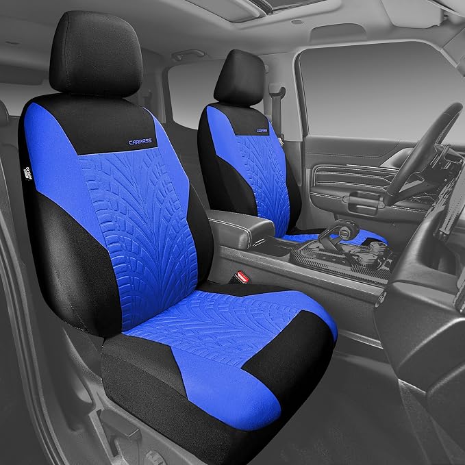 CAR PASS Car Seat Covers Two Front Only for Car, 3D Tyre Print Automotive Interior Covers, Airbag Compatible, Quick Setup Universal Fit Seat Covers for Car, Truck, SUV(Black and Blue) - Image 3