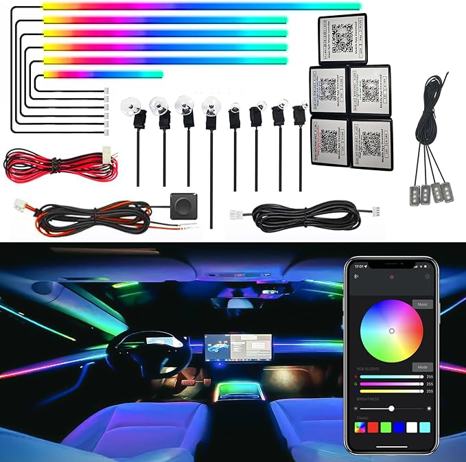 Dreamcolor Acrylic Interior Car LED Strip Light, RGB 18 in 1 Fiber Optic Ambient Lighting Kits, 16 Million Colors Sound Active Function Car Neon Lights with Wireless APP by UWDESY