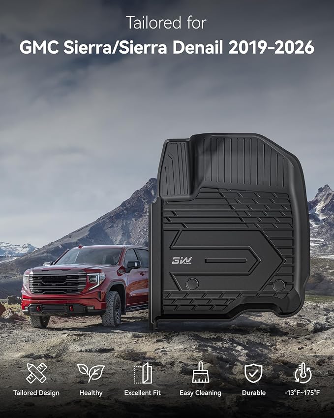 3W Floor Mats Fit for 2019-2026 Chevy Silverado/GMC Sierra Denali 1500 | 2020-2026 GMC Sierra 2500/3500 HD Crew Cab, TPE All-Weather Floor Liner, Fit for 2nd Row with Factory Carpeted Storage - Image 2