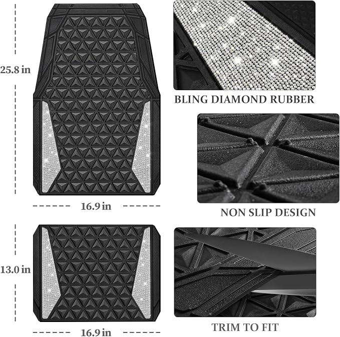 CAR PASS Bling Diamond Car Mats Rubber Floor Mats Full Set Anti-Slip 3D Rhombus Waterproof Trim to Fit Liner Universal Glitter Crystal Sparkly Shining Rhinestone Girl Women SUV Sedan, Silver Diamond - Image 5
