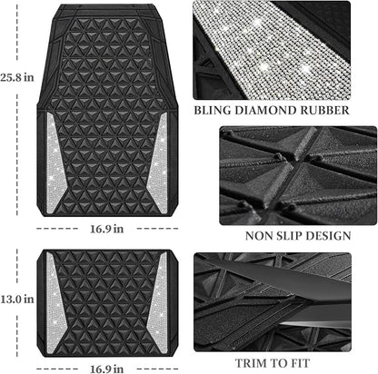 CAR PASS Bling Diamond Car Mats Rubber Floor Mats Full Set Anti-Slip 3D Rhombus Waterproof Trim to Fit Liner Universal Glitter Crystal Sparkly Shining Rhinestone Girl Women SUV Sedan, Silver Diamond - Image 5