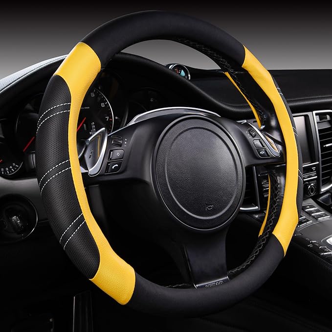 CAR PASS Line Rider Microfiber Leather Sporty Steering Wheel Cover Universal Fits for 95% Truck,SUV,Cars,14.5-15inch Anti-Slip Safety Comfortable Desgin (Black-Yellow) by CARPASS