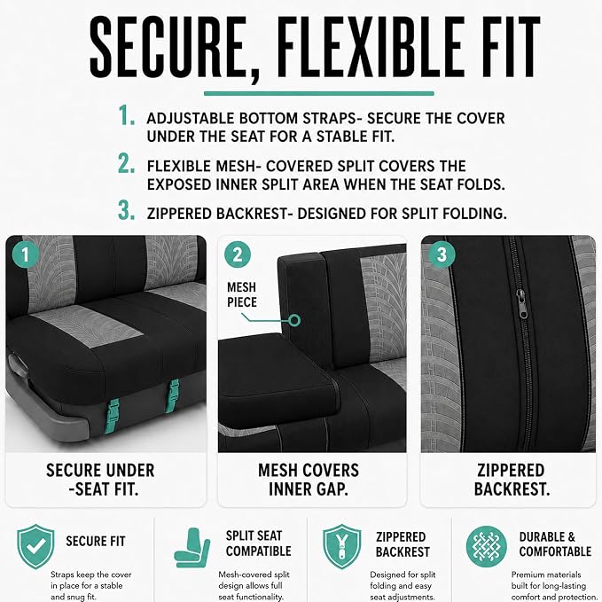 FH Group Rear Set Travel Master Car Seat Covers - Universal Fit, Split Bench Rear Seat, Washable, for SUV, Sedan, Gray - Image 4