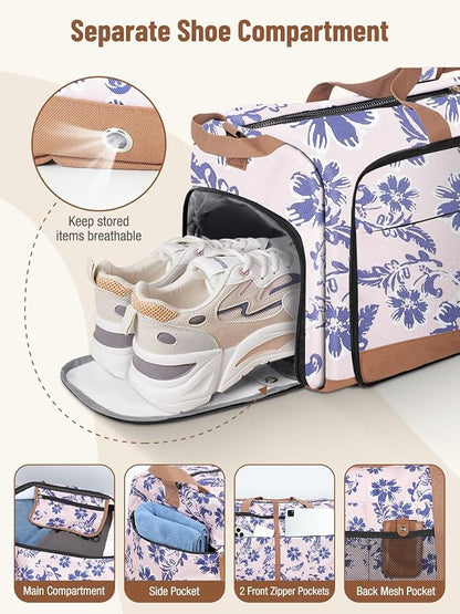 Lekesky Foldable Travel Duffle Bag for Women, Large Duffel Bag with Separate Shoes Compartments & Straps, Carry On Weekend Bag for Women, Hospital, Overnight (Pink Floral Print, 80L) - Image 4
