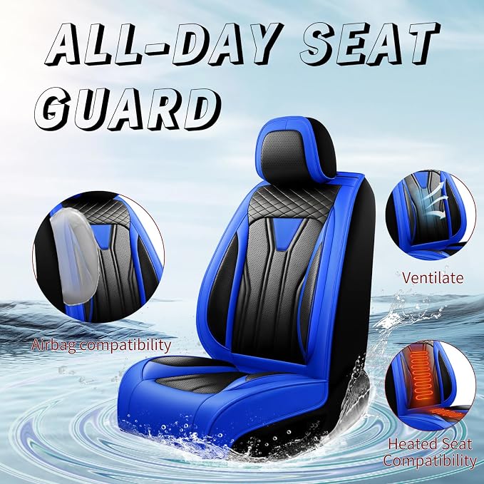 Fit Highlander Premium Leather Car Seat Covers for Toyota Highlander 2007-2025 2026 - Waterproof，Breathable，All-Weather Seat Cushion Protecto & Airbag Compatible, 2 Front Seat Blue&Black - Image 2