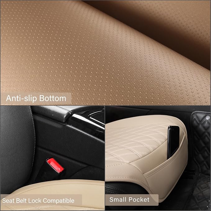 Front Car Seat Covers - Leather Seat Covers with Storage Pocket and Two Belt Pads, Anti-Slip Waterproof Universal Seat Covers for Cars Fit Cars Trucks SUV(Beige,2 Pack) - Image 4