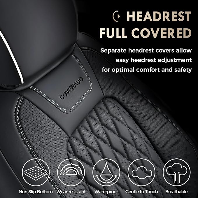 Coverado Premium Leather Full Set Seat Covers Waterproof Heavy-Duty Protectors Custom Fit for Ford F150 (2015-2026) F250/F350/F450 (2017-2026)-Black w/White Stitching, Wear-Resistant - Image 4