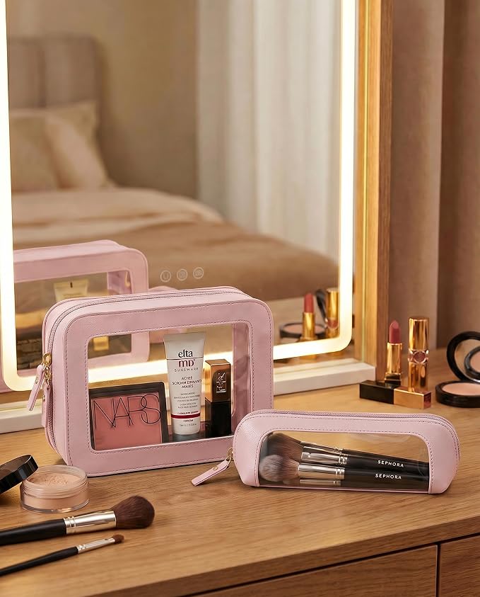 Makeup Bag Set Cosmetic Pouch for Women Waterproof PU Leather,Travel Toiletry Bag Cute Makeup Organizer Purse Pouch Preppy Pencil Case with Zipper (2Pack-Standard&Slim, Light Pink) - Image 4