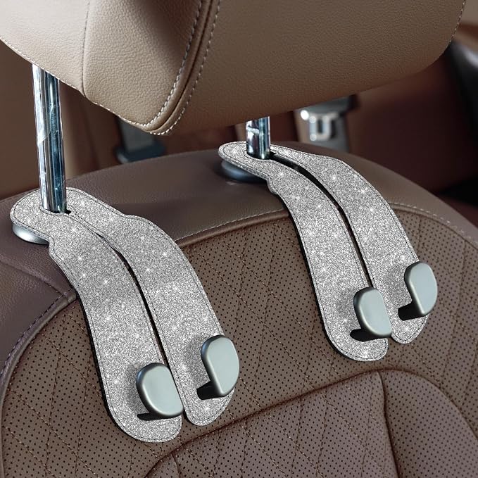 CoBak Purse Hook for Car - Universal Premium Stitched Leather and Aluminum-Magnesium Alloy Double Car Seat Back Storage Hook for Purses, Handbags, Bags (2 Pack),Silver Glitter by PopulartabletcasebrandWegivepeoplethebestdesignofprotectingvariouselectronicdevices