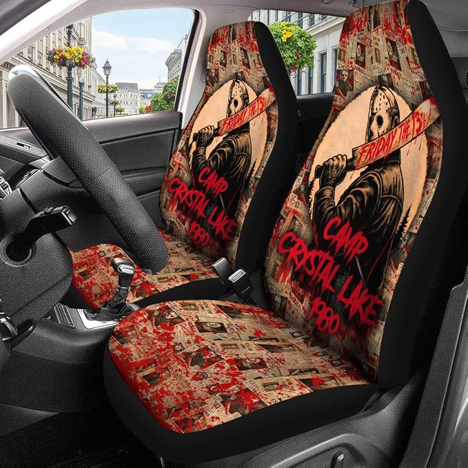GENANY Perforated Horror Mask Car Seat Covers, 2-Piece Front Seat Set | 2-piece polyester front seat cover set, each 49.5 x 19.6 inches, with adjustable straps and hooks - Image 3