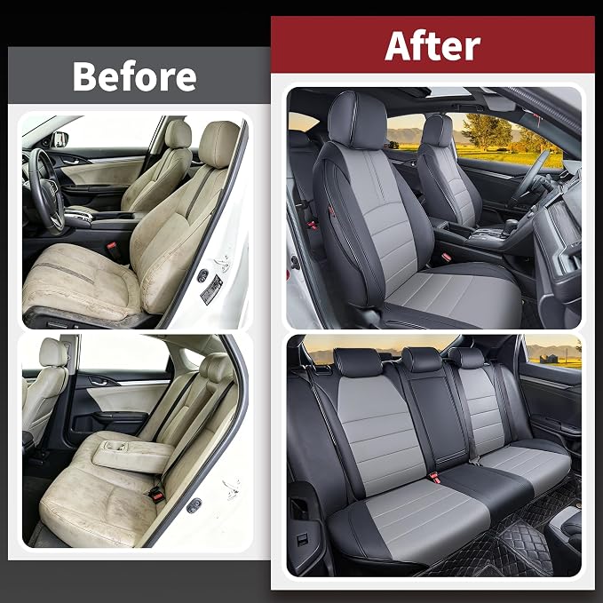 HKZ Custom Fit Civic Seat Covers for Honda Civic Sedan 2016 2017 2018 2019 2020 2021 LX (Not for LX-P)- 5-Seats Leather Full Set,Black+Grey - Image 5