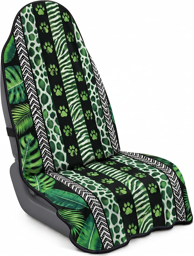 Car Seat Towel Cover for Front Seat, 1Pc Sweat Absorbent Car Seat Protector with Non-Slip Backing, Waterproof Towel Car Seat Cover for Runners, Gym, Swimming, Beach, Pets, Green Jungle Paws by Corthena