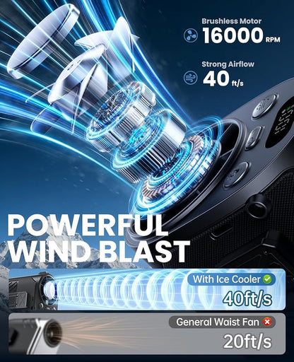 Portable Waist Fan with Ice Cooling, 4-in-1 Clip-On Fan for Car/Shirt/Hat/Belt, 16000RPM Strong Airflow, 12H Runtime, 100 Speed Settings, Wearable Fan for Outdoor Work, Camping, Travel Black - Image 2