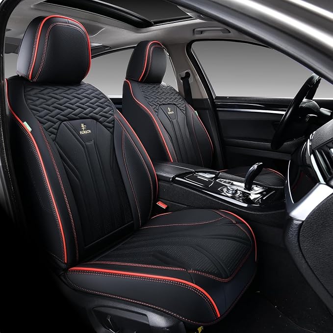 Leather Seat Covers Full Set Car Seat Protectors 5 Seats Automotive Seat Covers Universal Fit for Most Cars Trucks SUV-Black&Red Line - Image 2