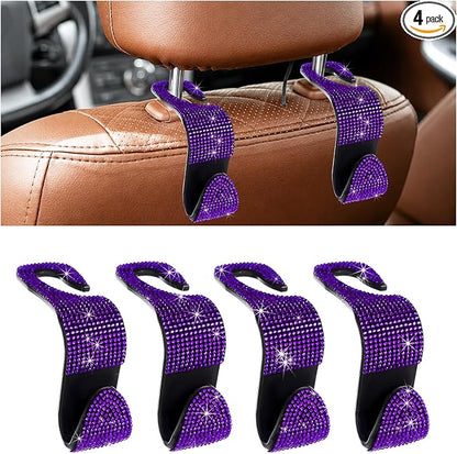 4 PCS Bling Car Seat Headrest Hooks, Rhinestone Vehicle Backseat Storage Hanger Backpack Hook, Sparkly Multi-Functional Headrest Purse Holder for Car Truck SUV RV (Purple) by Unknown