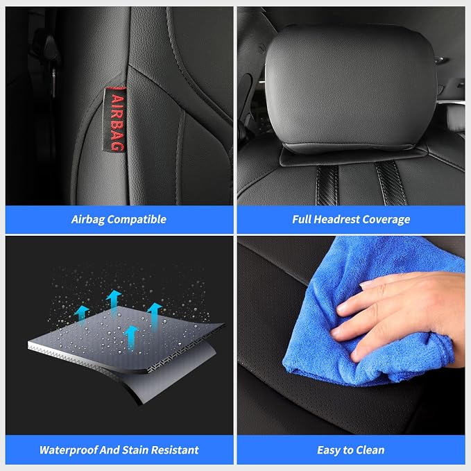 Custom Seat Covers for 2019-2026 Ram 2500/3500 CrewCab Bighorn,Faux Leather | Full Set Heavy Duty Pickup Seat Cushion,Front w/No Headrest Cutout,Rear 40/60 Split Curved Bench Seat,Black & Carbon Fiber - Image 6
