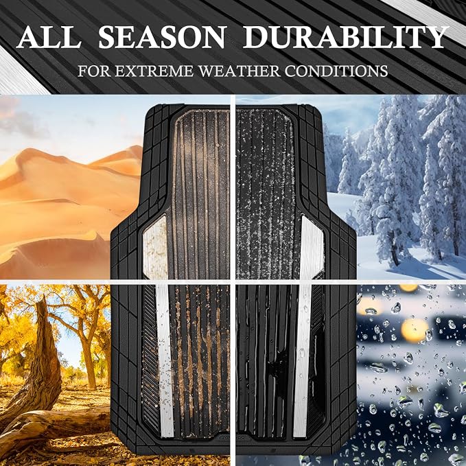 CAR PASS Heavy Duty Rubber Car Mats Metallic, Aluminum Film All Weather Floor Mats Waterproof Universal Trim to Fit for SUV Sedan Van 4 Piece Deep Dish Two-Tone Sporty Black Silver Chrome - Image 5