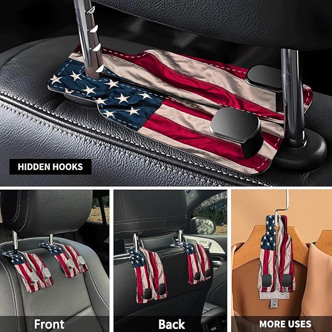 Car Seat Headrest Hook, Universal Leather Cute Hanger Holder Hook, Storage Organizer Interior Accessories for Purse Bags Handbag Cute American Flag - Image 3