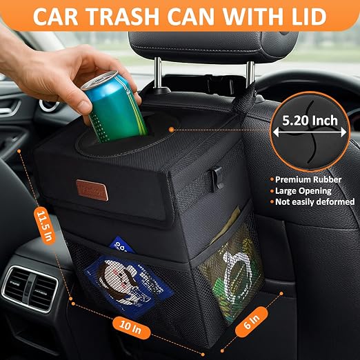 Vankor Car Trash Can with Lid Leak Proof Car Accessories for Women | 3 Gallon Cute Hanging Car Trash Bin for Men Car Truck Vehicle Sedan SUV Interior Automotive Garbage Cans, Black - Image 2