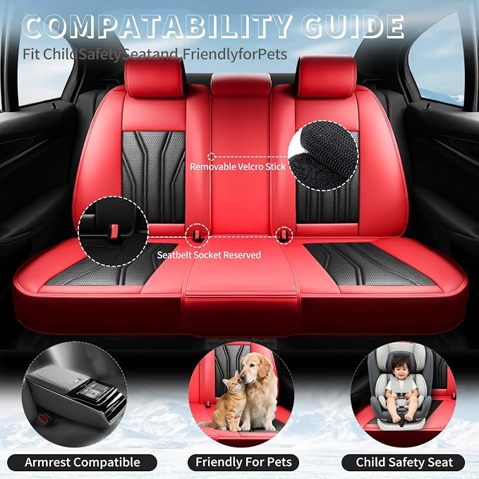 Fit Prius Premium Leather Car Seat Covers for Toyota Prius 2001-2025 2026 - Waterproof，Breathable，All-Weather Seat Cushion Protecto & Airbag Compatible, Full Set Red&Black - Image 3
