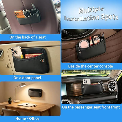 Car Seat Side Pocket Organizer, Nappa Leather Car Trunk Pouch Organizers and Storage, Small Car Side Seat Storage Bag for Auto Front Seat Back Seat Door Console Phone Sunglasses Cards Pen (Black-1PC) - Image 3