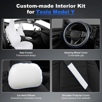 AOMSAZTO Seat Cover for Tesla Model Y 2020-2025 Not for Juniper/Performance | 4-Pieces Set with Seatbelt Cover,Steering Wheel Covers, Headrests,5 Seats Faux Leather Waterproof,Airbag Compatible-White - Image 3