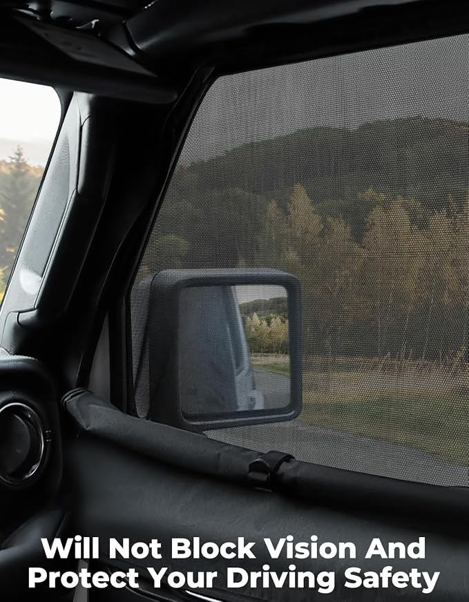 JOYTUTUS Front Wrangler Side Window Sun Shade Camping Window Insect Screen Compatible with Wrangler JK JL Gladiator JT 2007-2026, Car Window Covers for Privacy Blackout 2 Pcs - Image 4