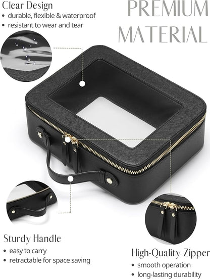 Large Capacity Clear Toiletry Bag for Women Travel Makeup Bag Black | Structured Mahjong Tile Bag with Zipper and Handle, Big Long-trip Cosmetic Case, Waterproof PU Leather, Wide Open Portable - Image 2