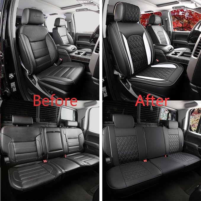Chevy Silverado Seat Covers,Leather Seat Covers for GMC Sierra,Custom Fit 2007-2026 1500 2500HD 3500HD Crew Double Extended Regular Cab,LT LZT RST Trail Boss(Full Set,Black White) - Image 5