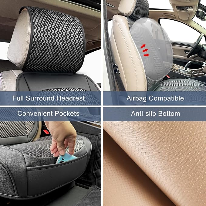 2 Pack Black Ventilated Cooling Car Seat Covers for Summer | 3D Air Mesh, PU Leather, Breathable, with Storage pocket, Non-slip, Universal Fit for Car Truck SUV, Easy to Install - Image 5