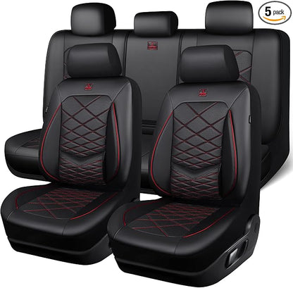 CAR PASS Luxury Nappa Leather Seat Covers Full Set, Water Resistant Faux Leather Seat Cover with Lumbar Support, Breathable Automotive Seat Covers Universal Fit for Sedan SUV Van Truck, Black Red by CARPASS