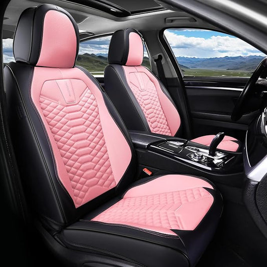 Coverado Car Seat Covers, Front Seat Cover, Waterproof Nappa Leather Seat Covers for Cars, 2 Pack Car Seat Protectors, Car Seat Cushion, Automotive Seat Covers Universal Fit for Most Cars (Black&Pink) by COVERADOAUTO
