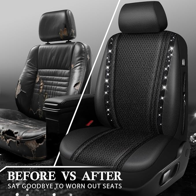 CAR PASS Memory Foam Mesh Bling Diamond Car Seat Cover 2 Front Seats Breathable Soft Sponge Universal Shining Glitter Sparkly Crystal Fit Armrest Automotive Truck SUV Cute Women Girl, Black Rhinestone - Image 3