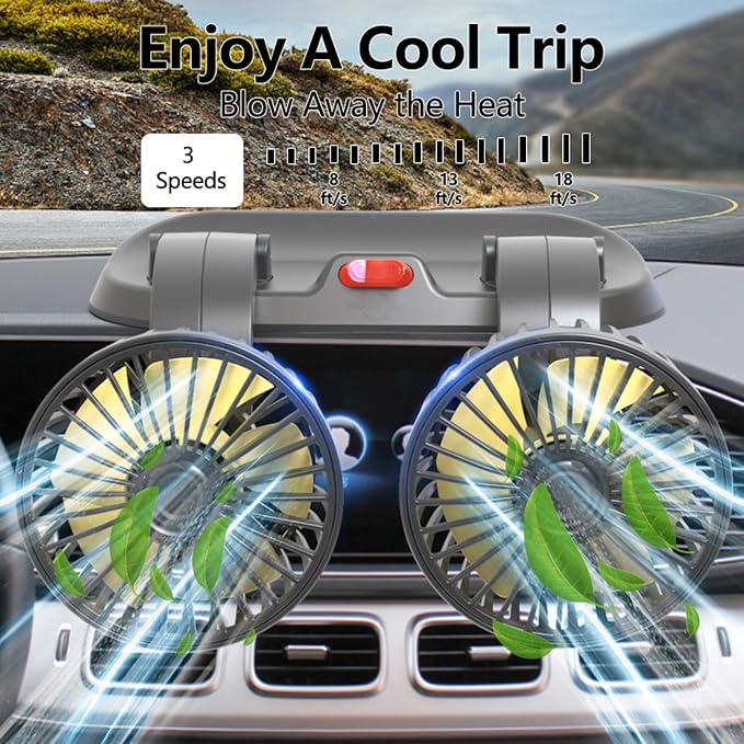 12V Heavy Duty Dual Head Car Fan, 2-Speed Dashboard Cooling Fan with Cigarette Lighter Plug, 360° Rotatable Vehicle Air Circulator for SUV RV Truck Sedan - Image 8