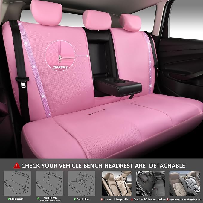 CAR PASS Bling Diamond Car Seat Covers Full Set, Shining Rhinestone Waterproof Faux Leather, Rear with Zipper, Universal Fit Automotive Glitter Crystal Sparkle Strips for Cute Women Girl, Pink - Image 5