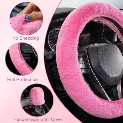 SEG Direct Furry Steering Wheel Cover, Fluffy Fuzzy Gear Shift Cover, Pink | Gear Shift Cover, 2 PCS Set, Soft and Warm, Cute Fur Auto Car Decor, Standard Size 14.5- 15 inch for Women Men - Image 4