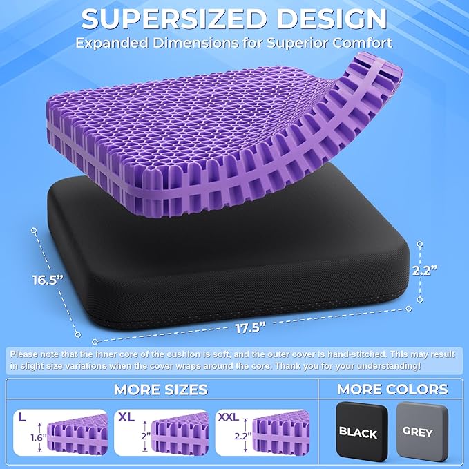 TushGuard Gel Seat Cushion for Long Sitting, Breathable Thick Patent Design | Enlarged Cooling Chair Pad for Office Chair, Wheelchair, Desk Chair, Supportive Car Cushion (2.2"Thinck, Black+Violet) - Image 3