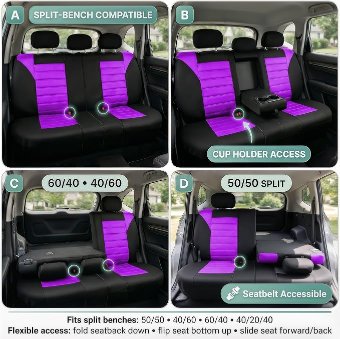 FH Group Automotive Car Seat Covers Rear Set Premium 3D Air Mesh Seat Covers, Airbag Compatible and Split Bench Cover Universal Fit Interior Accessories for Cars Trucks and SUVs - Purple - Image 2